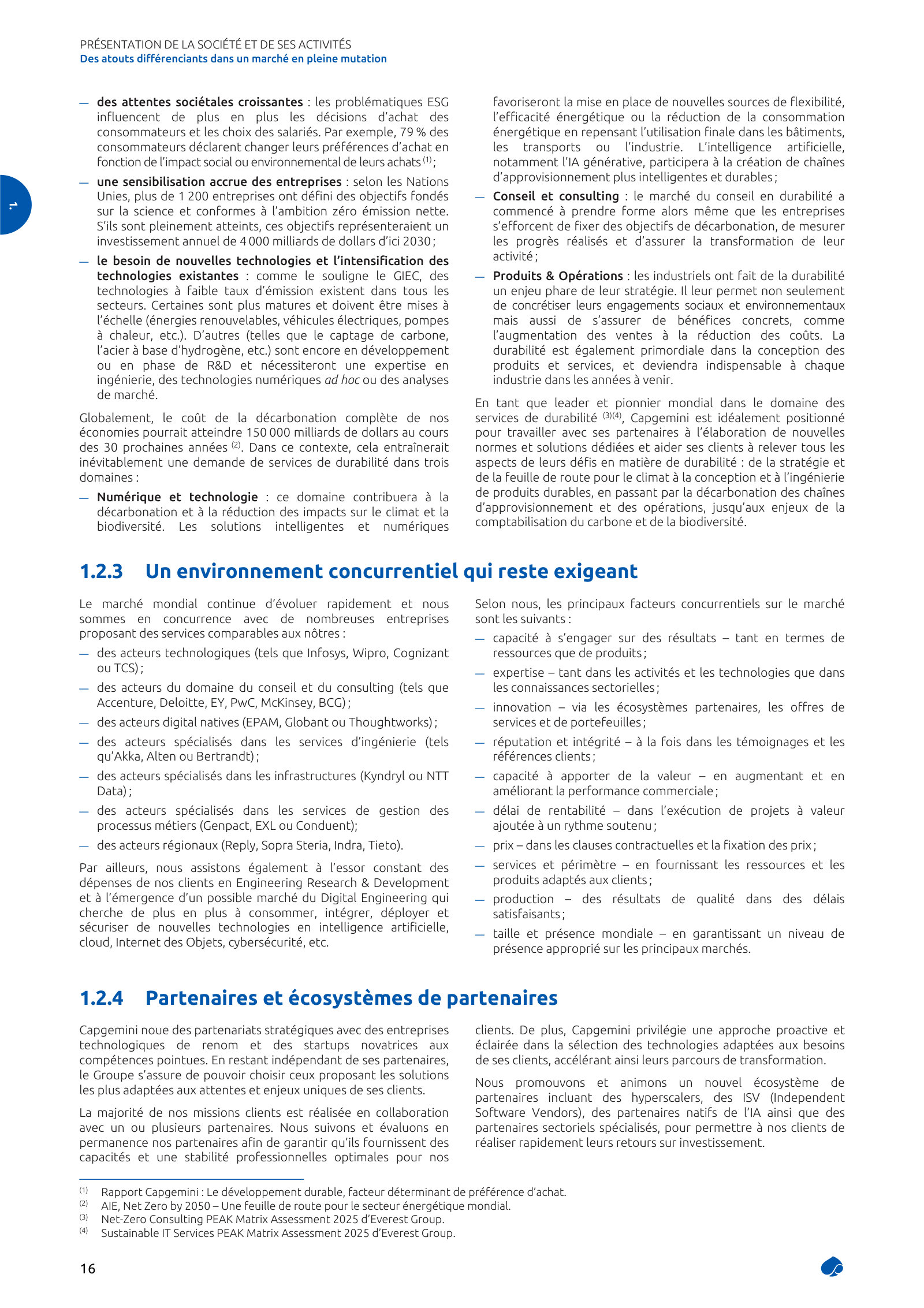 Capgemini's competitive-environment section (1.2.3), which sorts its rivals into categories and places Accenture in the consulting group alongside Deloitte, EY, PwC, McKinsey and BCG - separate from the technology players (Infosys, Wipro, Cognizant, TCS) and the digital natives. The right-hand column of the same page lists the ten factors Capgemini says decide wins, price among them.